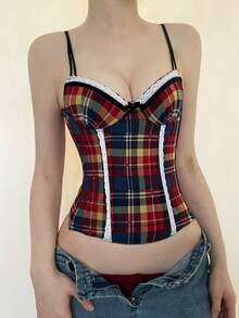 Colorful Plaid Lace Camisoles For Girls Casual Sweet Streetwear Spaghetti Strap Slim Fit Tank Tops Spring Summer Y2K Vests 2000s