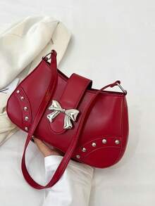 New Fashion Casual Shoulder Women PU Leather Solid Black, Coffee, Khaki Bow Metal Decor Underarm Pouch Cosmetic Bag - Burgundy - View 9