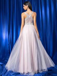 Kexmon Deep V-Neck Pearl Embroidered Mesh Spaghetti Strap Elegant Dress, Romantic Bridesmaid Gown For Wedding, Party, Prom, Formal Evening, For Wedding Guest - Dusty Pink - View 2