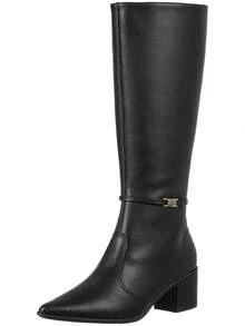 GiGiL Women's Riding Boot Metal Detail High Shaft Block Toe Pointed Comfortable Elegant Classic Casual - 黑色 - 查看 4