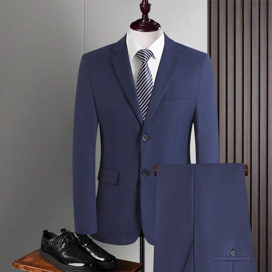Men's Two-Piece Suit Set, Solid Color Classic Style, Business Casual Slim Fit Style, Western-Style Pants With A Back Slit Style
