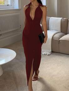 Vestido blanco elegante de trabajo, modelo nuevo 2025, diseño clásico de vestido camisa, ceñido al Body, vestido de playa con cuello halter sin mangas color burdeos para mujer