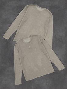 ANDREILEE Casual Loose Fit Distressed Knit Sweater, Unisex Street Style Round Neck Oversized Pullover, Autumn/Spring - Maroon - View 4