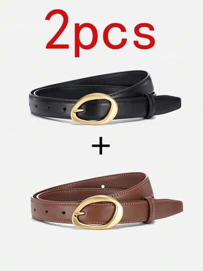 2pcs Ladies' Solid Color Casual PU Leather Decorative Belt With Needle Buckle, Versatile Fashion Accessory With Slimming Effect, Suitable For Jeans Fall, Autumn, Halloween