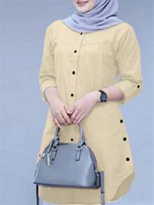 Women's Solid Color Cuff Sleeve Single-Breasted Casual Shirt, Modest