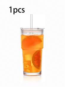 1 Pieza de Vaso de Agua de Gran Capacidad de 600ml/21oz, Nuevo Vaso de Vidrio de Verano para Mujeres con Tapa y Pajita, Vaso de Vidrio a Rayas Verticales (con Pajita y Tapa) Hermoso Vaso de Vidrio para Beber Café, Té, Leche, Americano Helado y Bebidas de Latte