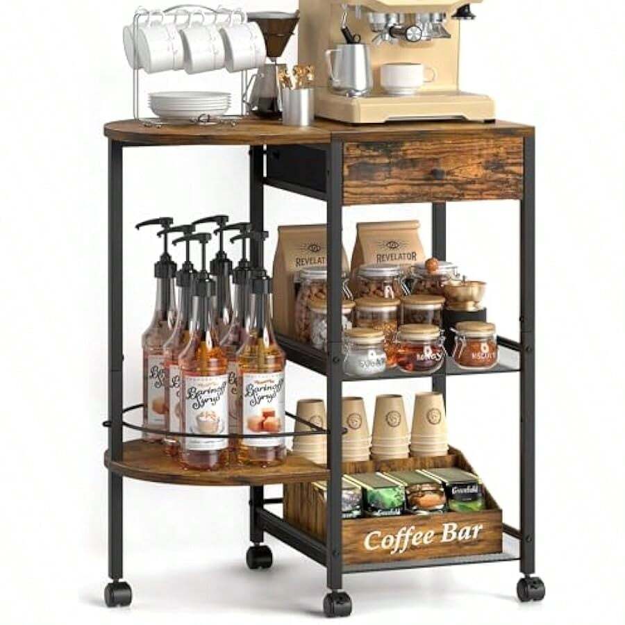 VINCOURNA Coffee Station Coffee Bar Cart With Storage Drawer 39CM W Deeper Large Coffee Cart 4-Tier Coffee Rack Farmhouse Coffee Station Cabinet Coffee Bar Table For Kitchen Office Living Room - Braun1 - View 1
