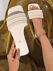 Dép sandal đính ngọc trai thời trang mùa hè, thanh lịch và sành điệu cho tiệc bãi biển, du lịch thường ngày, cỡ lớn nửa - Màu be - Xem 5