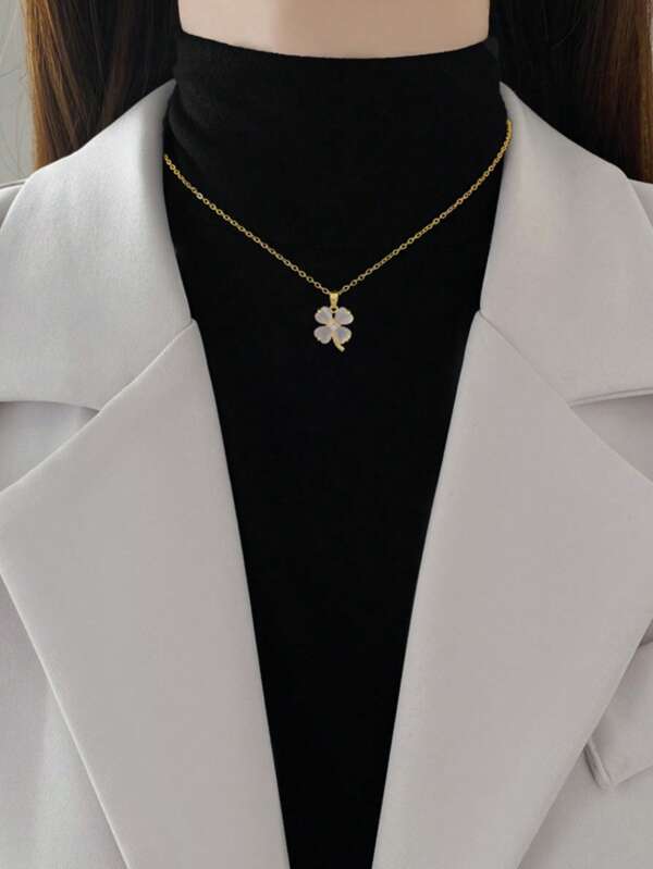 1 قلادة مطلية بالذهب من الفولاذ المقاوم للصدأ، حجر عين القط الزركونيا المكعبة بتصميم شبيه برباعي الأوراق ، شكل نيتش، عصري بسيط، مناسب للجنسين، مناسبة للارتداء اليومي، المناسبات والأعياد