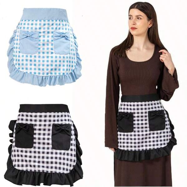 1 pieza Delantal de cintura negro/azul con bolsillos, Delantal de cocina, restaurante, cafetería, barista elegante para mujer, apto para cocinar, hornear, jardinería, barbacoa