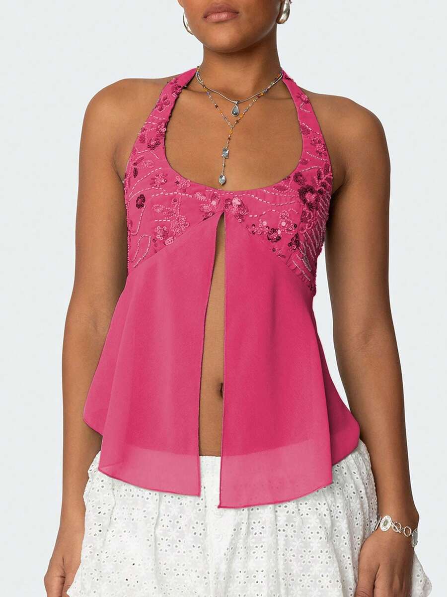 Womens Y2K Sequin Cami Tops Sexy Sparkle Lace Up Crop Top Tie Up Halter Scoop Neck Straps Tank Top - 玫紅色 - 查看 1