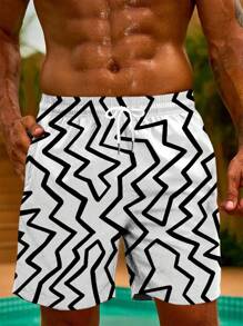 1pc Men's Plus Size Geometric Print Quick-Dry Casual Beach Shorts, Loose Fit Summer Vacation Shorts Suitable For Daily Outdoor Use