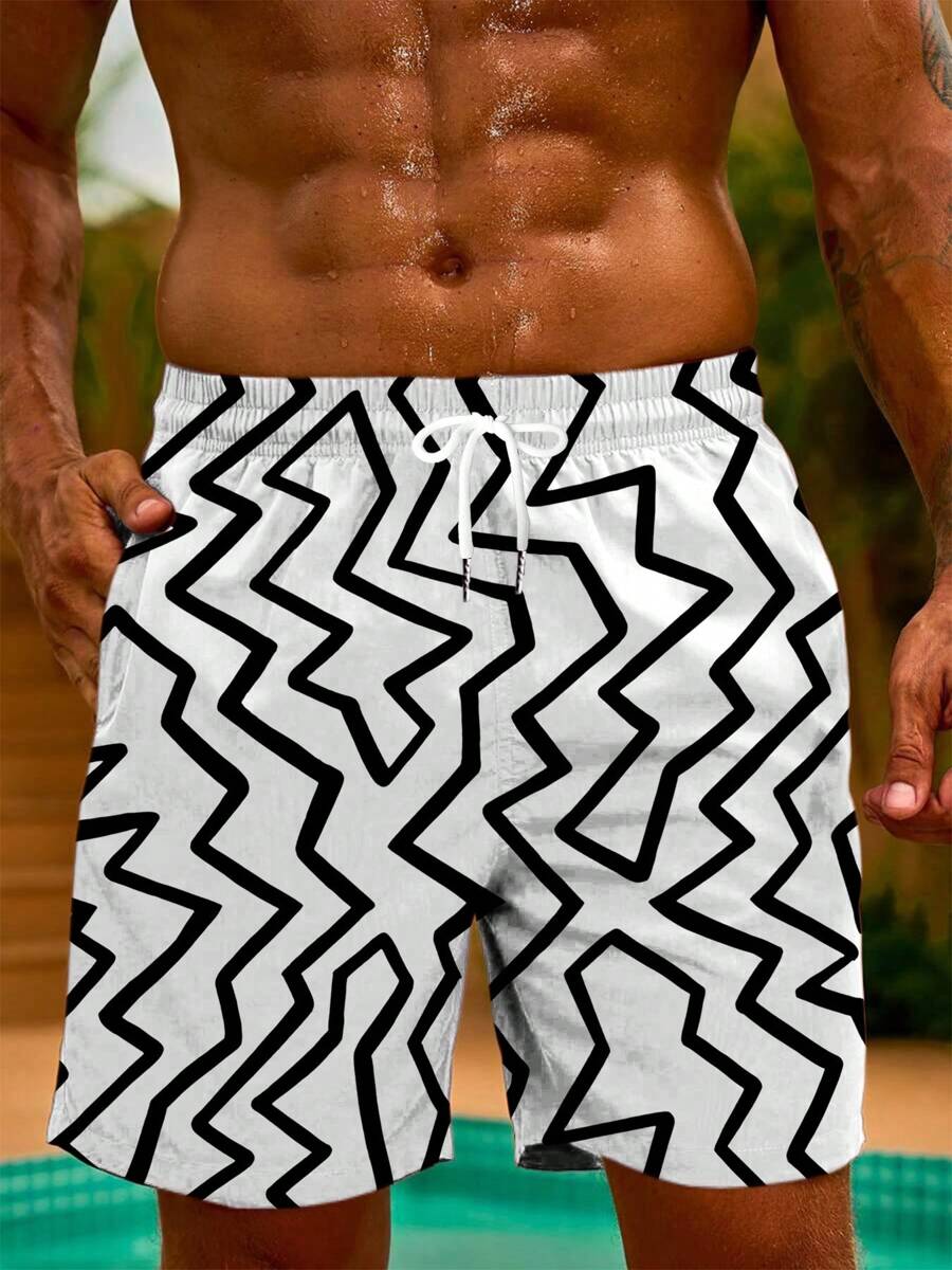 1pc Men's Plus Size Geometric Print Quick-Dry Casual Beach Shorts, Loose Fit Summer Vacation Shorts Suitable For Daily Outdoor Use