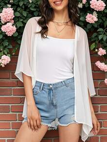 Áo kiểu voan màu trơn dài cho nữ, thích hợp mặc đi biển mùa hè, kiểu dáng mở phía trước, nhẹ nhàng, kiểu khăn choàng, màu trắng thường ngày. - trắng - Xem 5