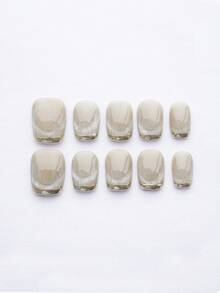 优雅裸色芭蕾按压指甲 - 短款法式美甲风格，银色条纹和闪光，手工猫眼设计，10 件亮面假指甲套装，含可拆卸粘性指甲用品 - 彩色 - 查看 2