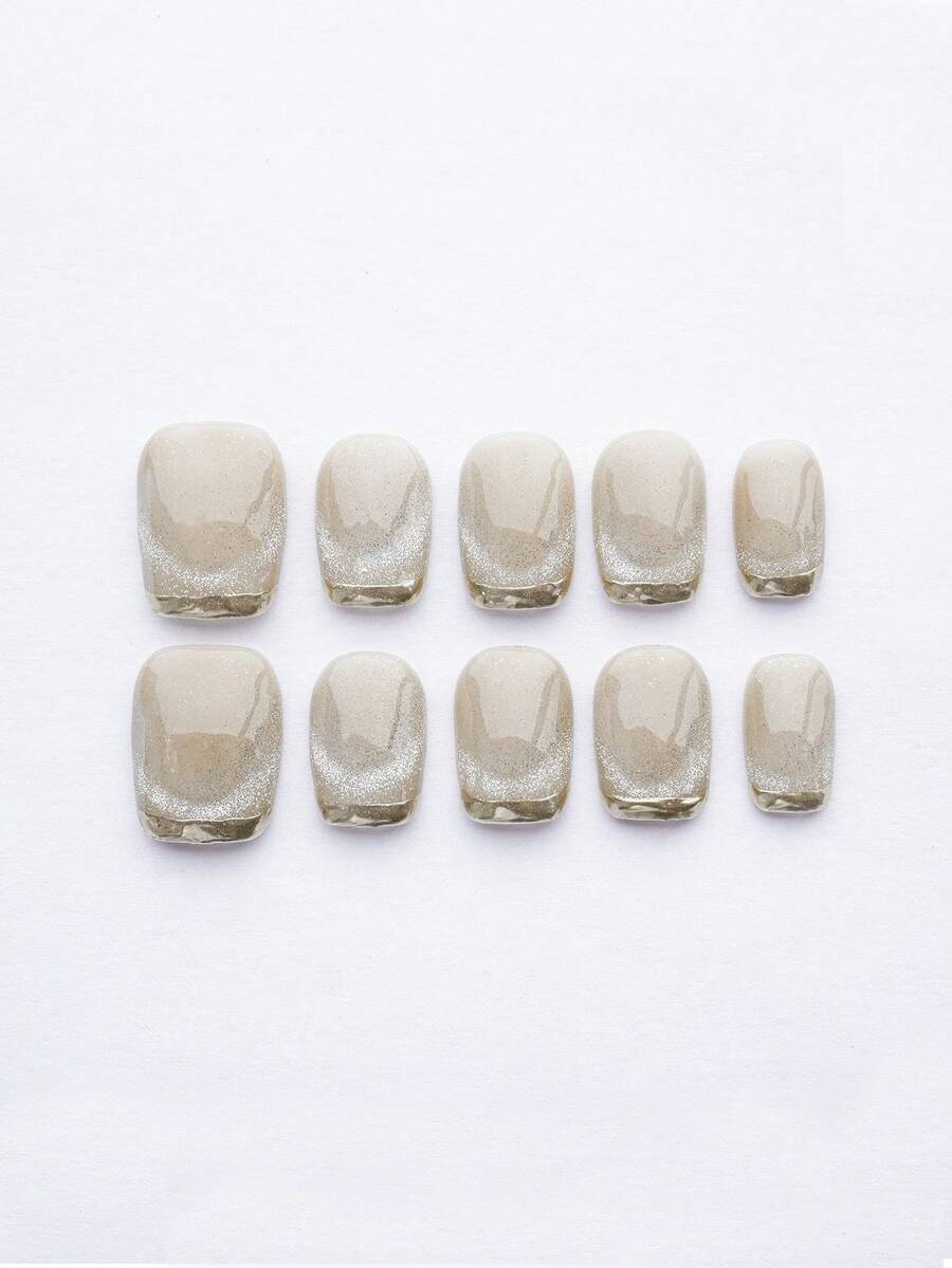优雅裸色芭蕾按压指甲 - 短款法式美甲风格，银色条纹和闪光，手工猫眼设计，10 件亮面假指甲套装，含可拆卸粘性指甲用品