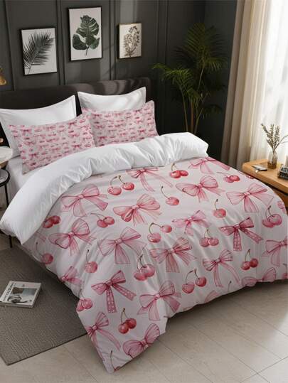 3pcs Pink Bowknot Print Duvet Cover Set (1*Duvet Cover + 2*Pillowcase, Without Core), Pink Bow,Red Lips,Cherry Pattern,Soft & Skin-Friendly, Soothing Visual Fatigue,Hypoallergenic, And Easy Care,Chic, Lightweight, Breathable, Suitable For Hotel, Bedroom, Guest Room And Dormitory Decoration,All Seasons