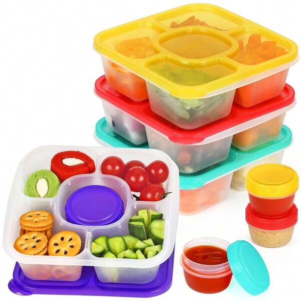 Ensemble de 4 pièces (comprend 4 bols à sauce, 8 pièces au total) Plateau à 5 compartiments pour collations, boîte à bento, boîte à fruits. Ensemble de vaisselle, boîte à lunch, boîte de pique-nique, avec couvercles, avec 4 petits compartiments à sauce. Récipient alimentaire divisé réutilisable, parfait pour le travail, le pique-nique et les voyages !, Fournitures scolaires
