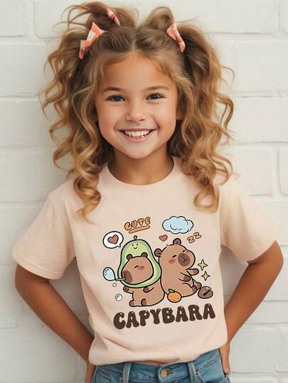Áo thun tay ngắn cổ tròn in hình chú lợn Capybala hoạt hình cho bé gái mùa xuân và mùa hè thường ngày dành cho bé gái