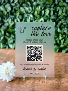 Placa de acrílico com código QR para casamento, ajuda a capturar o amor, placa com foto de casamento, placa com código QR digitalizável para chá de panela, placa personalizada para casamento