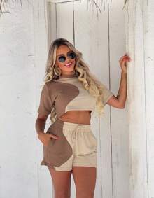 Women's Cropped Blouse And Shorts Sweatshirt Set - Rust Brown - View 1