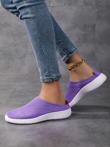 女式轻便舒适一脚蹬黑色平底休闲鞋，透气针织 - 紫色 - 查看 7