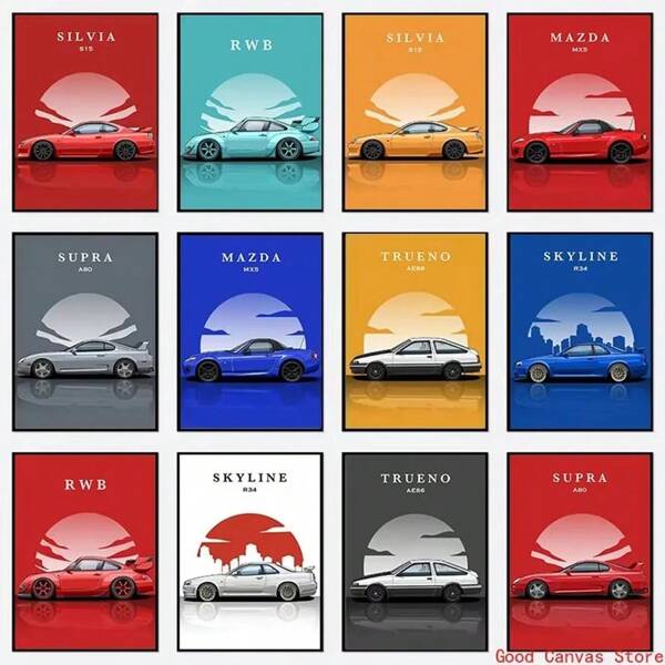 1 pieza/Set de 3 artes de pared y pósteres modernos de automóviles JDM, incluyendo pósteres de RWB MX5, Nissan Silvia S15, Trueno AE86, impresión en lienzo HD adecuada para decoración de sala de estar y hogar, arte en lienzo sin marco