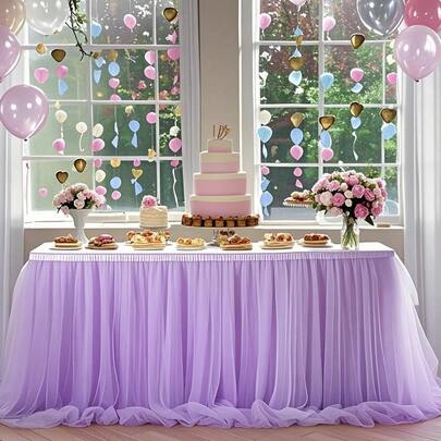1pc/2pcs Elegant White, Champagne, Light Blue, Light Purple, Black Tulle Wedding Table Skirt, Dessert Table Skirt, Sign-In Table Tulle Skirting, Pearl Tulle Cake Table Decor, Suitable For Weddings, Wedding Celebrations, Birthdays, First Communion - Multifunctional Party Decoration, Fits Christmas, Halloween, New Year - Universal Size