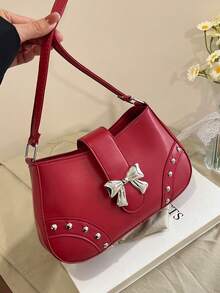 New Fashion Casual Shoulder Women PU Leather Solid Black, Coffee, Khaki Bow Metal Decor Underarm Pouch Cosmetic Bag - Burgundy - View 6