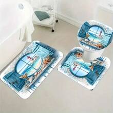 1/4 Bộ rèm tắm khách sạn phòng tắm căn hộ họa tiết ngọn hải đăng phong cảnh biển, bao gồm 12 móc, thảm chùi chân, nắp bồn cầu và thảm hình chữ U, Bộ rèm tắm 4 món phụ kiện phòng tắm - Nhiều màu - Xem 4