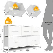 Commode de chambre à coucher avec 5 tiroirs, meuble TV à 4 roulettes, organisateur de rangement pour placard, vêtements et chambre de bébé, tiroirs en tissu et cadre en métal - Blanc - Voir 8