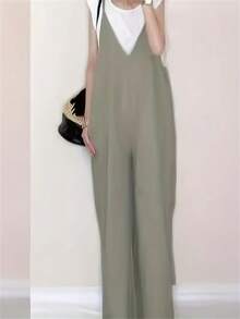 LEBINDY Women's Overalls, Jumpsuits, V-Neck, Camisole Overalls, All-In-One, Wide Pants, Long Pants, Gaucho Pants, Overalls, Suspender Pants, Casual, Spring, Summer, Autumn, Loose, Body-Covering - Green - View 3
