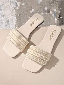 Dép sandal đính ngọc trai thời trang mùa hè, thanh lịch và sành điệu cho tiệc bãi biển, du lịch thường ngày, cỡ lớn nửa - Màu be - Xem 7