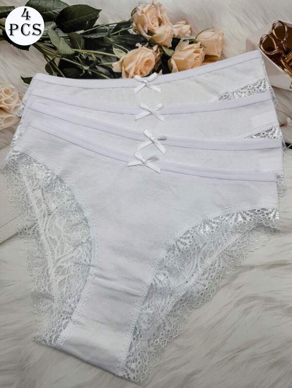 4pcs Sexy Lace Trim Breathable Hollow-Out Briefs