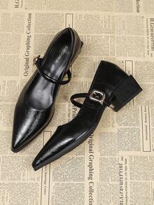 2025 Wiosna/Lato Nowe Francuskie Szpiczaste Czarne Mary Jane Wysokie Obcasy, Pasek Wygodne Grube Obcasy Uniwersalne Stylowe Czółenka - Czarne - Zobacz 1