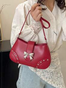 New Fashion Casual Shoulder Women PU Leather Solid Black, Coffee, Khaki Bow Metal Decor Underarm Pouch Cosmetic Bag - Burgundy - View 5