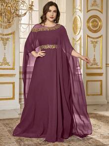SUPGIR Abito elegante da sera nero con scollo a barchetta, maniche a pipistrello, vita arricchita da ricami, paillettes e perline - Viola rosso - Visualizzare 2