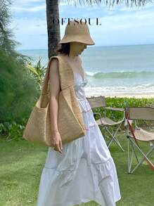 Bolsa de praia coreana de palha de vime tecida à mão, grande capacidade, estilo férias, casual, viagem, desleixada, chique, estilo, bolsa de ombro, axila, grande
