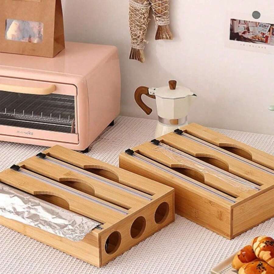 All-In-One Food Wrap Dispenser With Aluminum Foil & Stretch Film Cutter Box, Fresh Bamboo Bag Cutter Rack, Wooden Storage Rack For Garbage Bags & Plastic Bags, Convenient & Quick For Kitchen - Multicolor - View 1