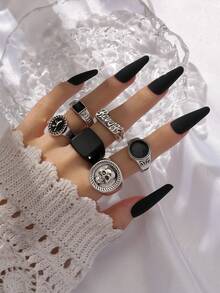6pcs Set Stylish Street Punk Skull & Letter Design Rings, Men Casual Everyday Wear - Black - View 2