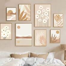 1pc/3PCS Wall Arts Posters Modern Beige Brown Abstract Sun Poster Bohemian Palm Leaf Canvas Printing Daisy Wall Art Painting Modern Poster Wall Painting Bedroom Decoration, Frameless/With Frame ,Wall Art With Frame