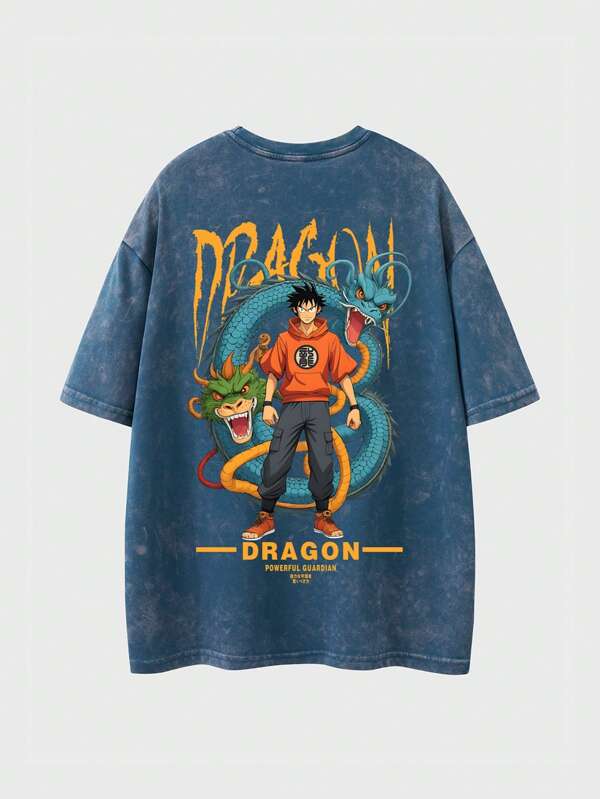 Shwiy Men's Vintage Washed Dragon Graphic T-Shirt, Japanese Anime Cartoon Print Short Sleeve Casual Top, Otaku Style