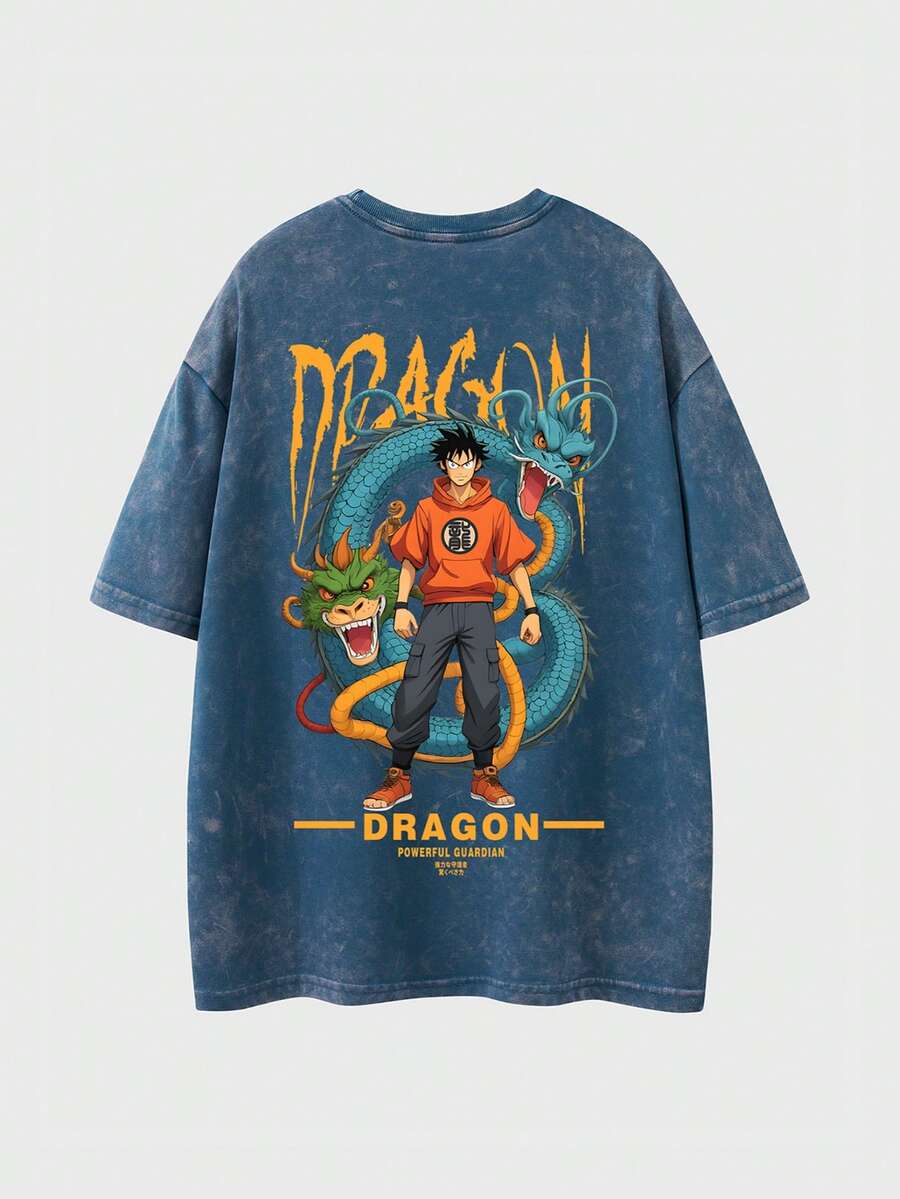 Shwiy 男士复古水洗龙图案 T 恤，日本动漫卡通印花短袖休闲上衣，御宅风格，emo，2000 年代风格 - 藍色 - 查看 1
