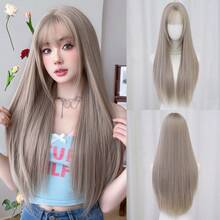 NAMM 女式超长浅灰色假发，合成直发，刘海整齐，柔软耐热灰棕色假发，适合女孩日常派对角色扮演万圣节使用，30 英寸 - 淺灰色 - 查看 10