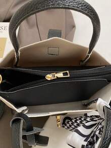 1pc Litchi Texture Solid Color Fashion Zipper Closure PU Leather Handbag With Scarf Ornament, Suitable For Daily Use - Black and White - View 6