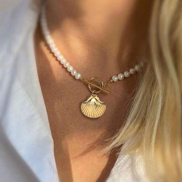 Nowe modne zawieszki ze stali nierdzewnej z muszlą, sztuczne perły, koralikowe naszyjniki dla kobiet na lato