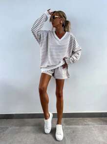 Top à manches longues rayé et short pour femmes, ensemble de pyjama ample à imprimé color block, tenue de détente casual, vêtements d'automne