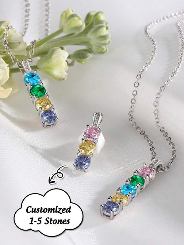 1 Stück personalisierte individuelle 1-5 Geburtsstein Silber Halskette, individuelle Geburtsstein Streifen Halskette, personalisierter Erinnerungsschmuck, individuelle Familie/Paar Tag/Jahrestag/Muttertag/Geburtstag/Abschluss Geschenkidee, geeignet für Familien, Mütter, Freundinnen, Großmütter, Freunde, Liebhaber