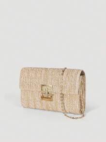 Bolso de playa de paja con solapa de cierre de giro, bolso de mano tejido con cadena para mujer