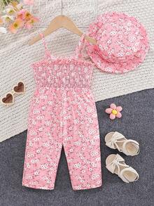2 pièces/set Ensemble combinaison et chapeau imprimé floral décontracté pour bébé fille, confortable - Rose bonbon - Voir 2